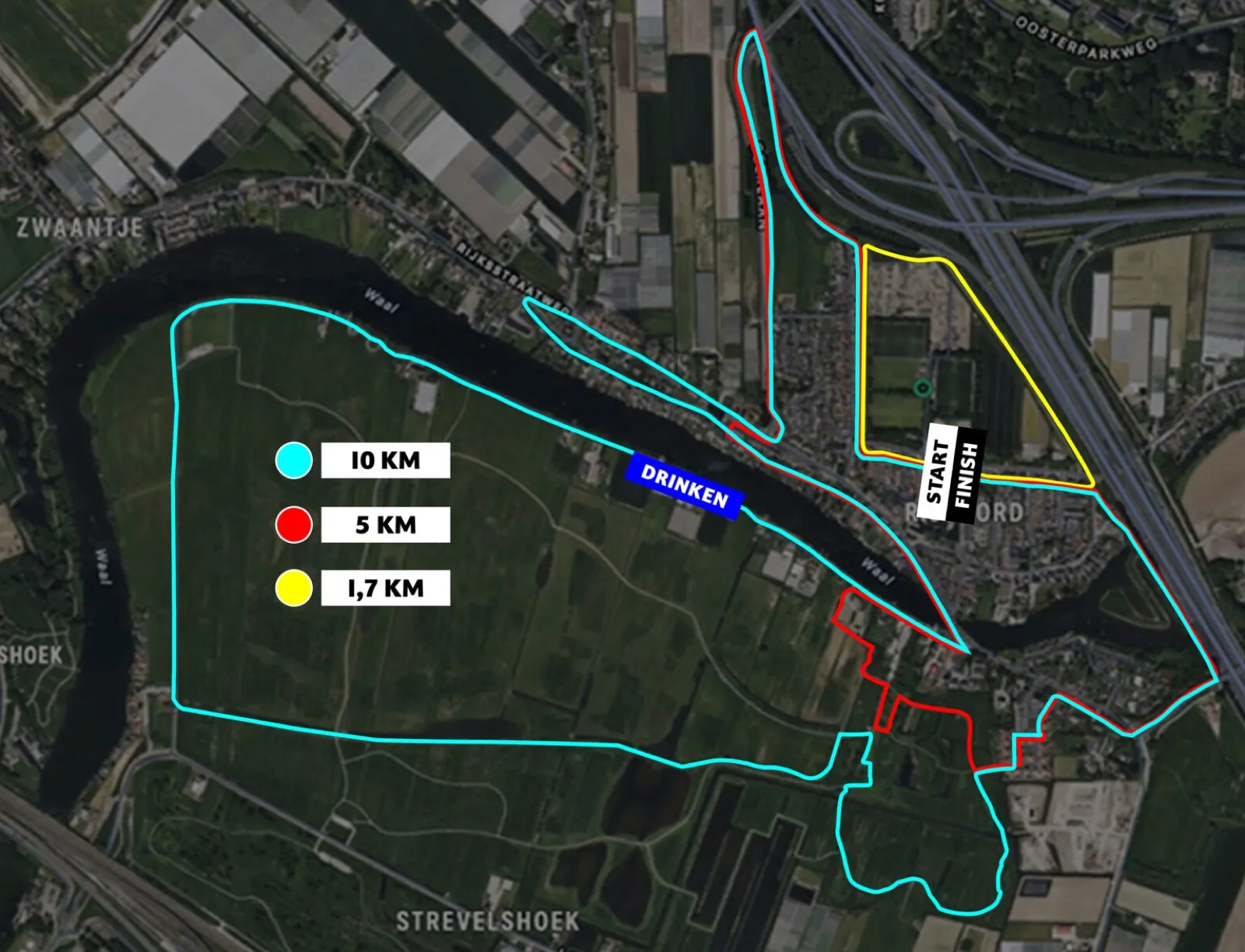 Parcours van De Kraaienrun met de routes voor 1,7 km, 5 km en 10 km